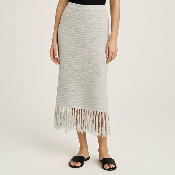 Freshman Light Gray Fringe Midi Skirt - Picture 1 of 5